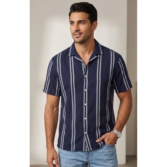 Zara Other - Zara Striped Linen Camp Collar Short Sleeve Shirt Men M Blue White Button Down